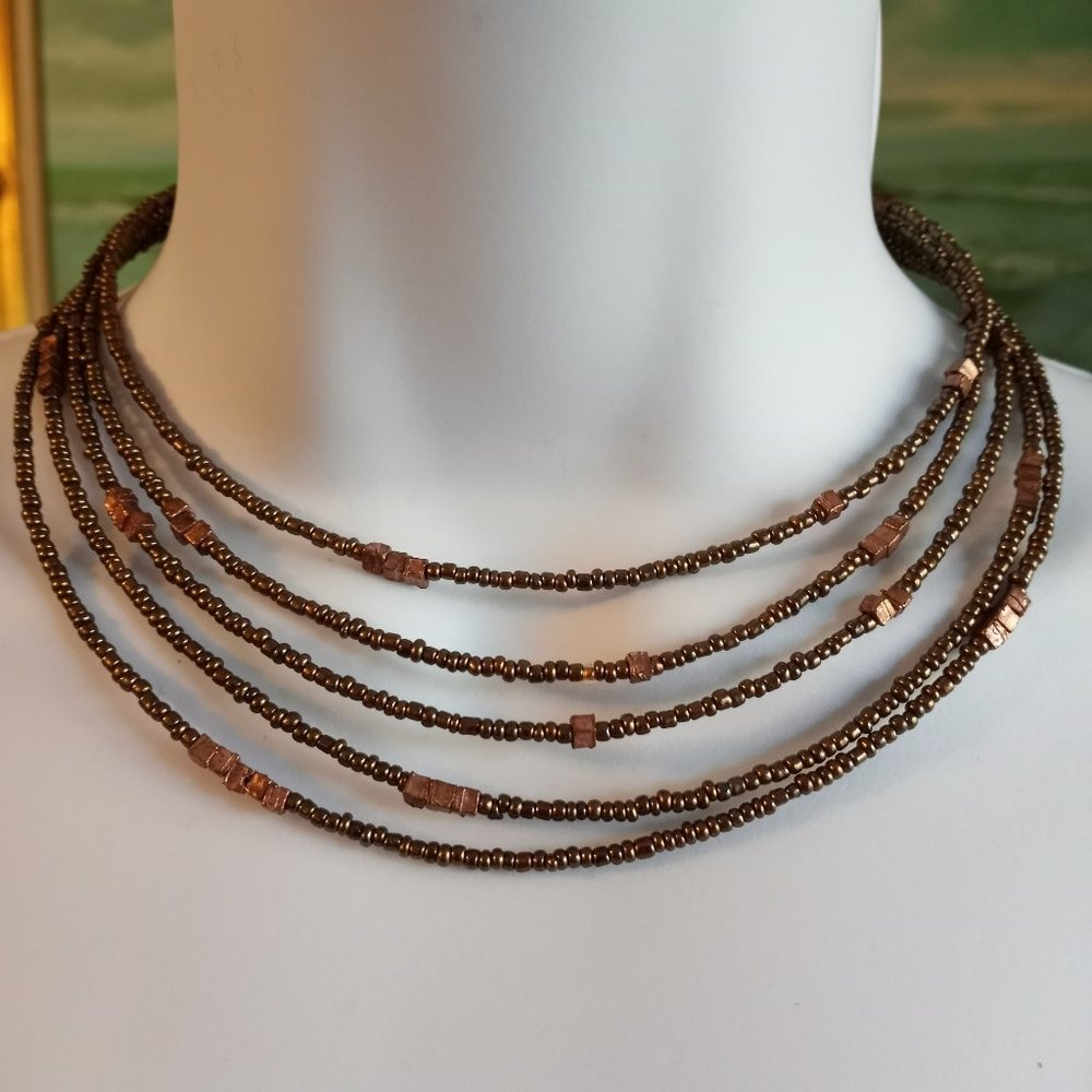 5-Strand Bronze Bead Cube Bib Style 13" EUC Necklace-Item #98